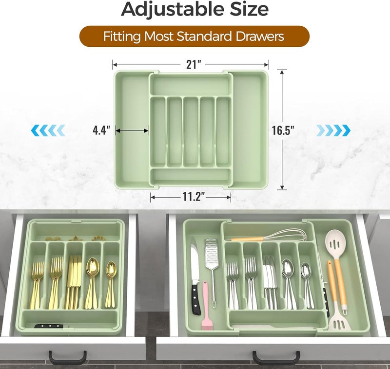 ukeetap Extra Large Expandable Silverware Organizer, BPA-Free Food-Safe Cutlery Flatware Organizer, Kitchen Utensil Drawer Organizer, Adjustable Silverware Holder for Spoons Forks Knives, Green - Image 3